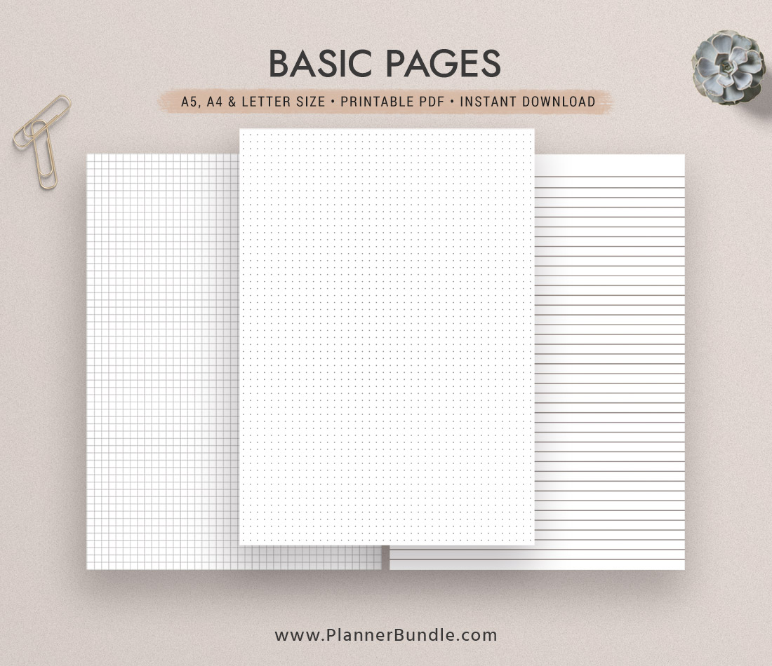 Basic Pages Dot Grid Grid Lined Paper Notebook A4 Letter Size A5 Printable Planner Inserts Planner Template Planner Pages Planner Design Plannerbundle Com