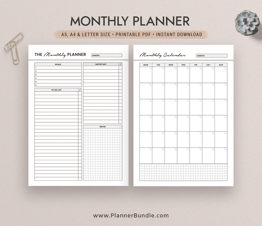 Undated Monthly Planner, Monthly Calendar, A5, A4, Letter Size, Printable  Planner, Planner Pages, Planner Design, Instant Download –
