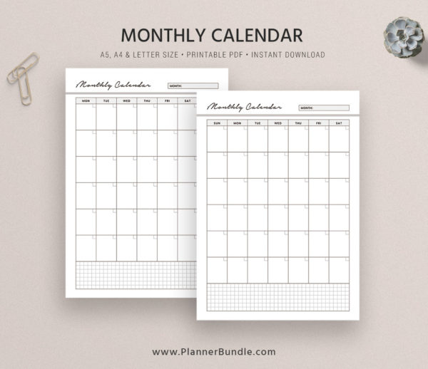 Undated Monthly Planner, Monthly Calendar, A5, A4, Letter Size ...