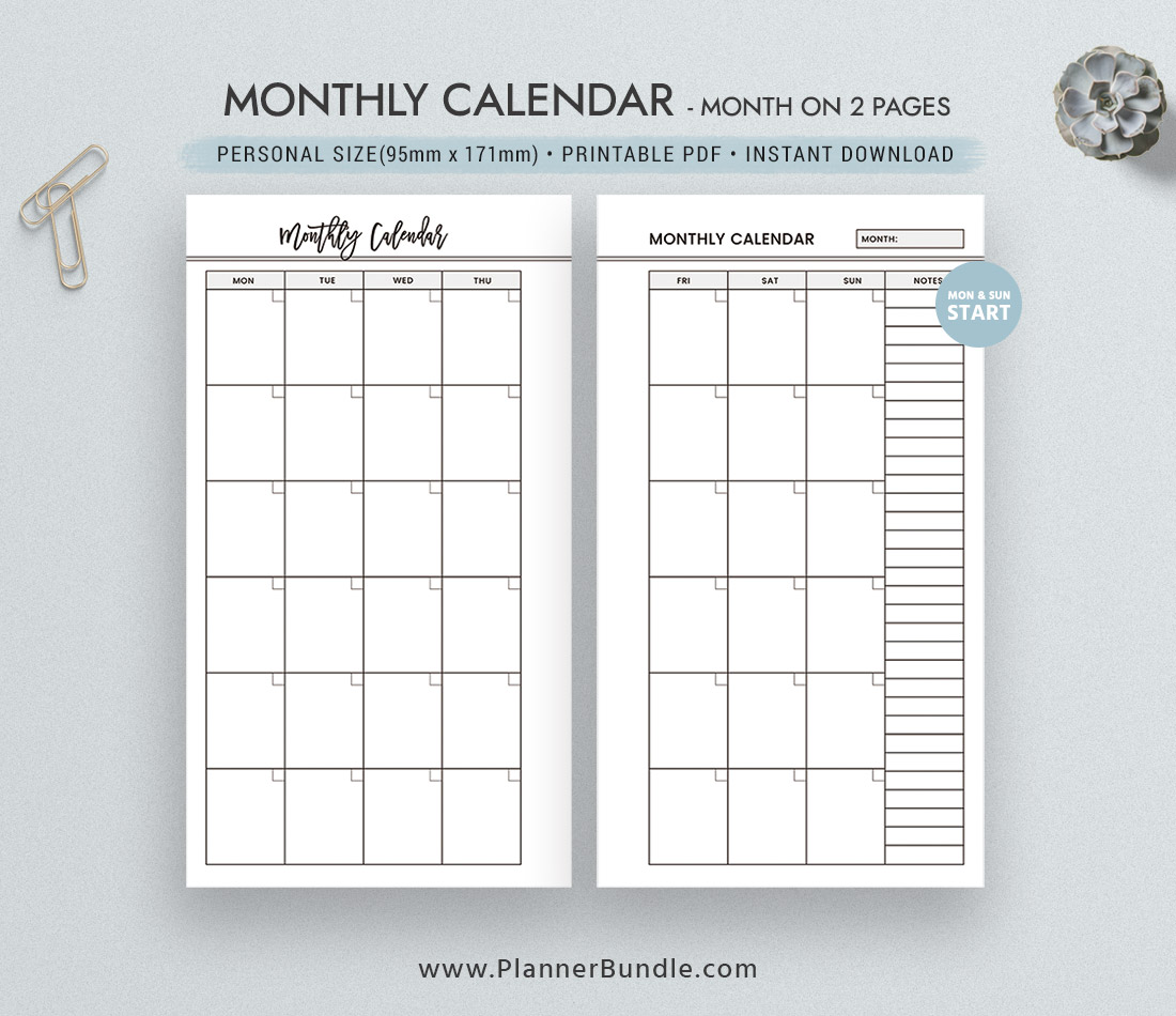 Monthly Calendar Month On 2 Pages Printable Planner Personal Size