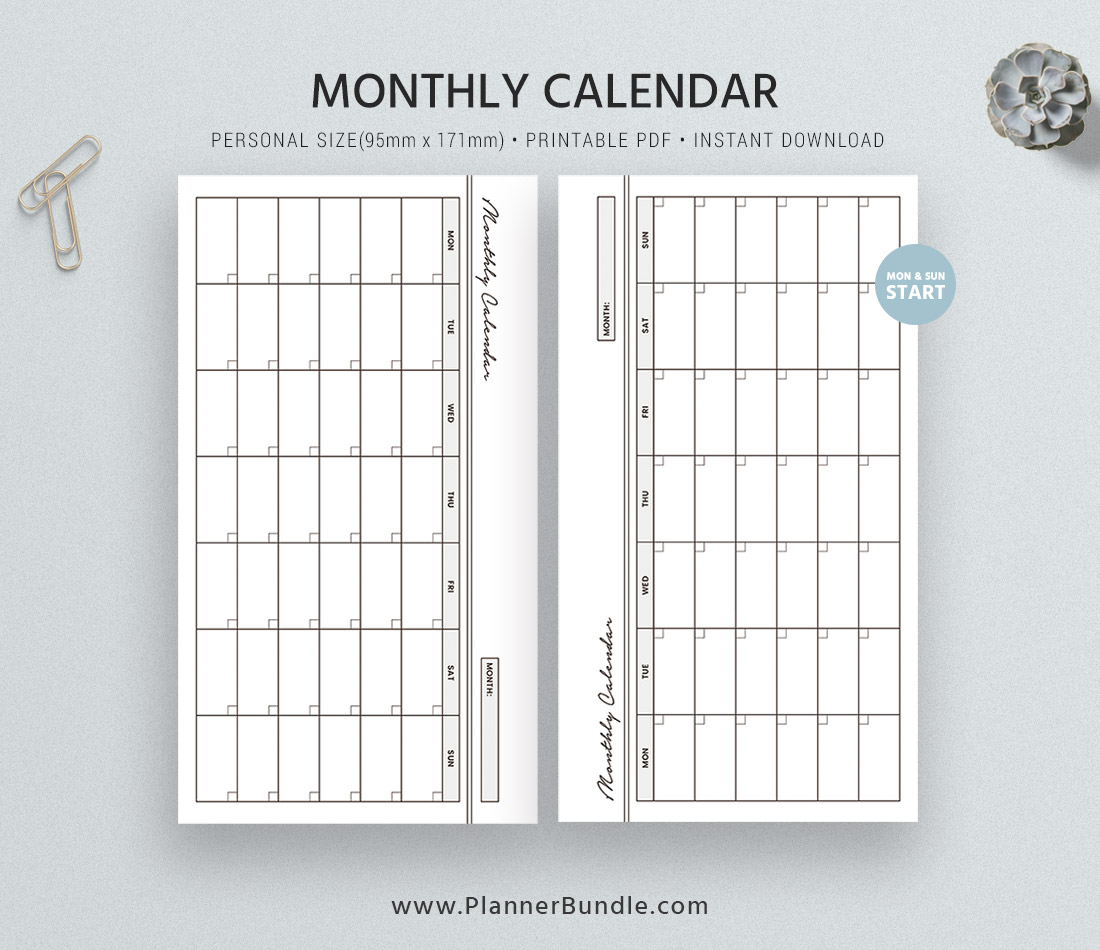 Monthly Calendar Printable Personal Size Inserts Filofax Personal